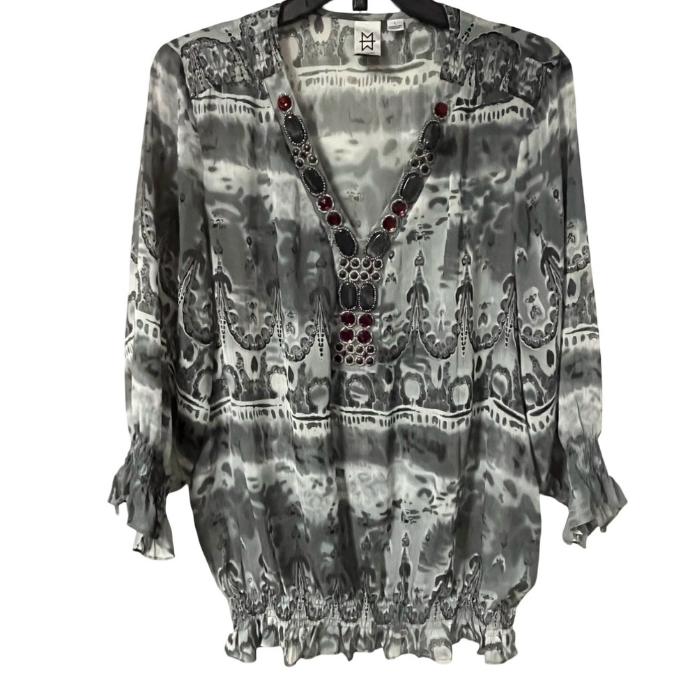 Marc Bouwer Womens‎ Gray Abstract Print Embellished V-Neck Smocked Blouse Large